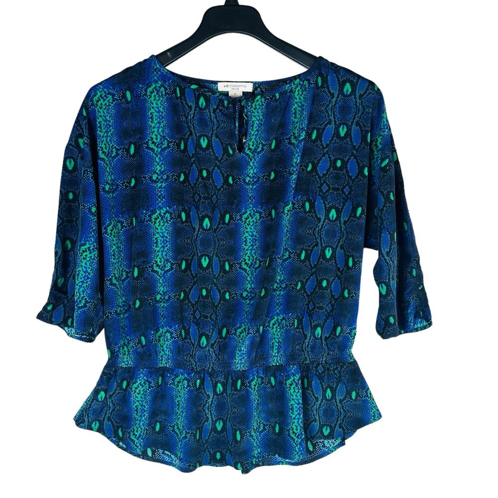 Liz Claiborne Womans Sz Petite Large Blouse Top Animal Print Blue Green